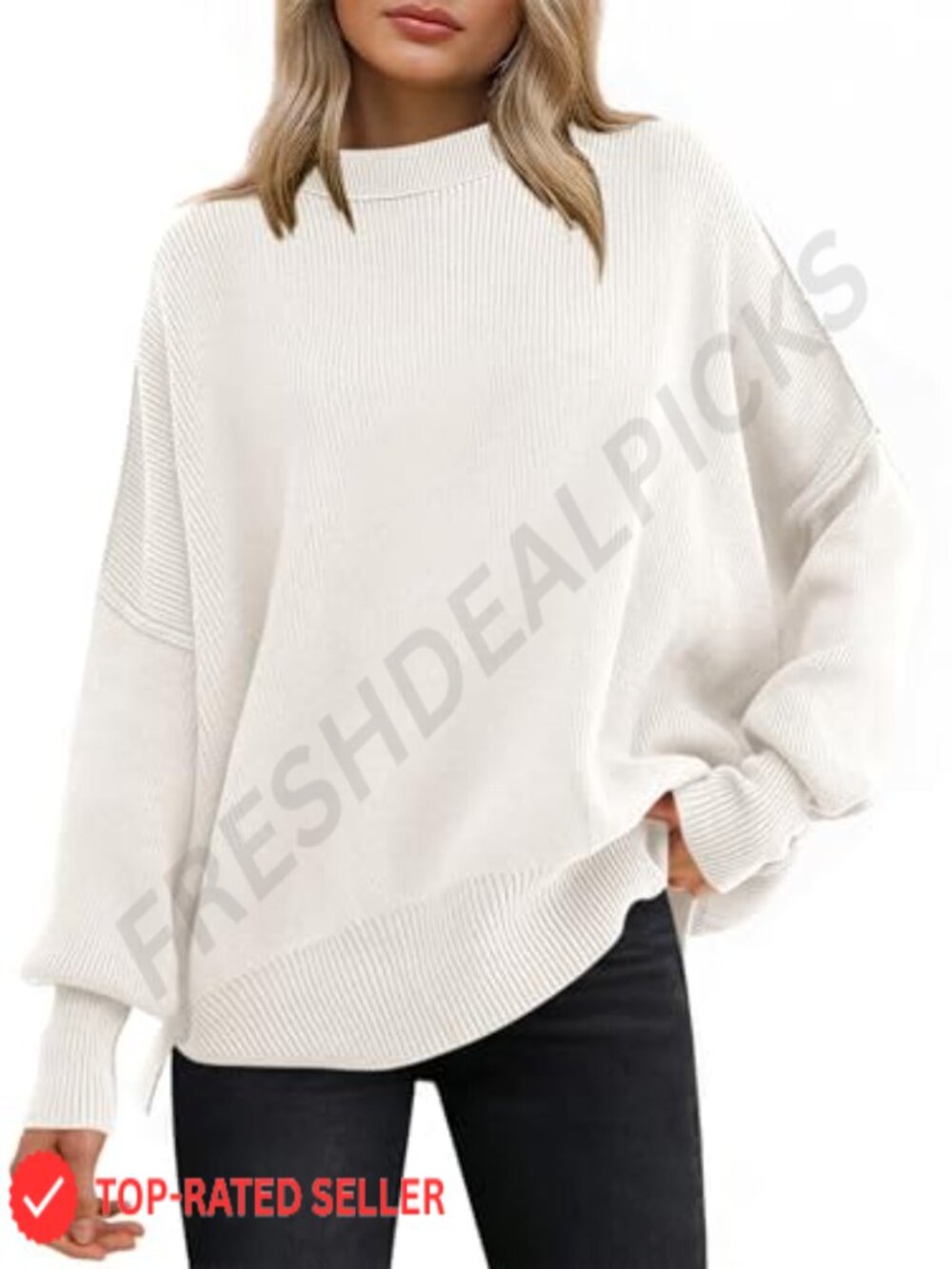 Oversized Ribbed Knit Pullover Sweater Batwing Sleeve Crewneck